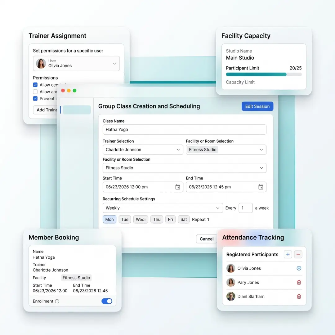 Coordinate classes, trainers, facilities, and bookings through a centralized scheduling system designed for both staff and members.
